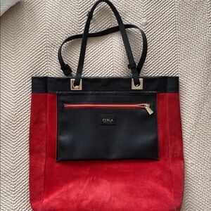 Furla Red Suede Tote with Black Leather Pocket